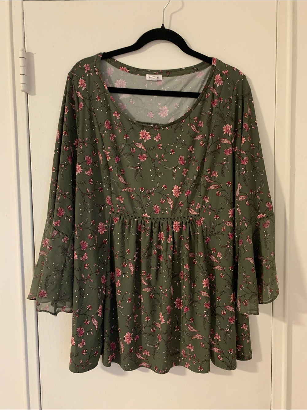Westport Olive Green Floral Peplum Top with Pink Blossoms